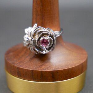 Sterling Silver 3-Dimensional Flower Ring w Pink Tourmaline Center Stone Size 8
